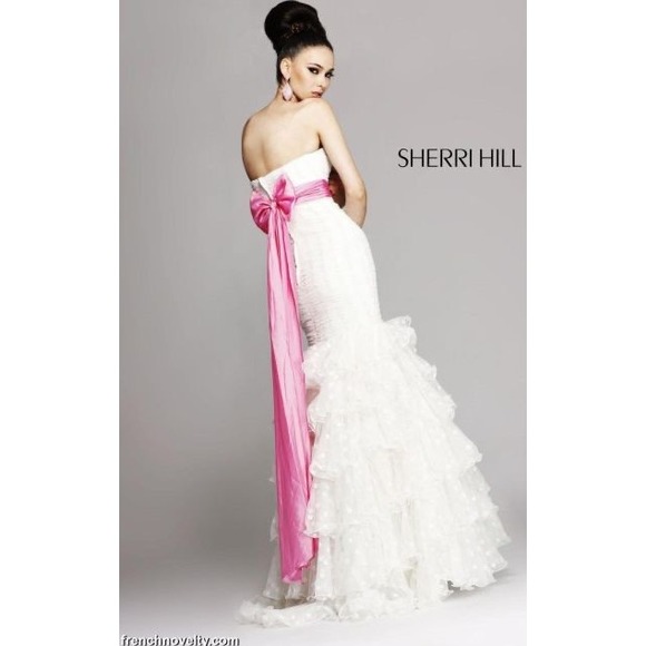 Sherri Hill Dresses & Skirts - Sherri Hill Strapless Mermaid Gown Polka Dot Tulle Tiered Dress Pink Sash 8